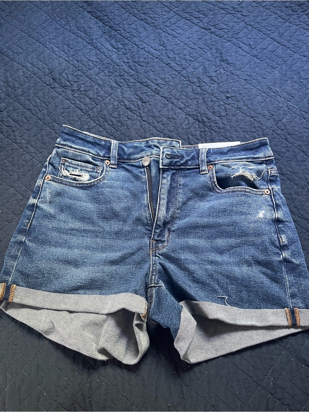 American Eagle Outfitters Distressed Rolled-Hem Denim Shorts - Dark Blue